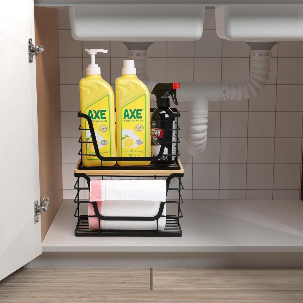 2 Pack Storage Stackable Kitchen Laundry Organizers with Bamboo Top, Wall Mount Large Trash Bag Holder and Standard Garbage Bag Dispenser - Image 4