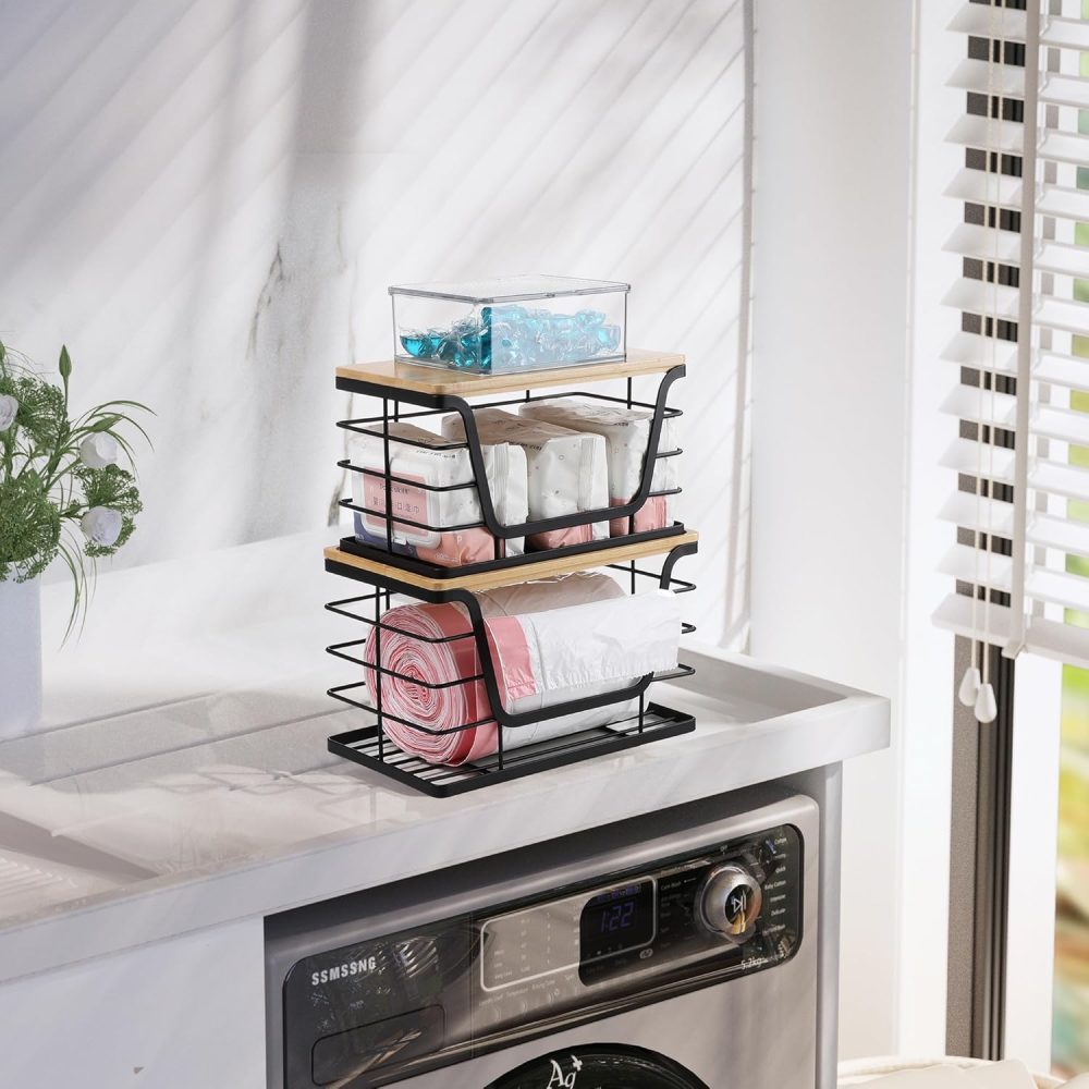 2 Pack Storage Stackable Kitchen Laundry Organizers with Bamboo Top, Wall Mount Large Trash Bag Holder and Standard Garbage Bag Dispenser - Image 5