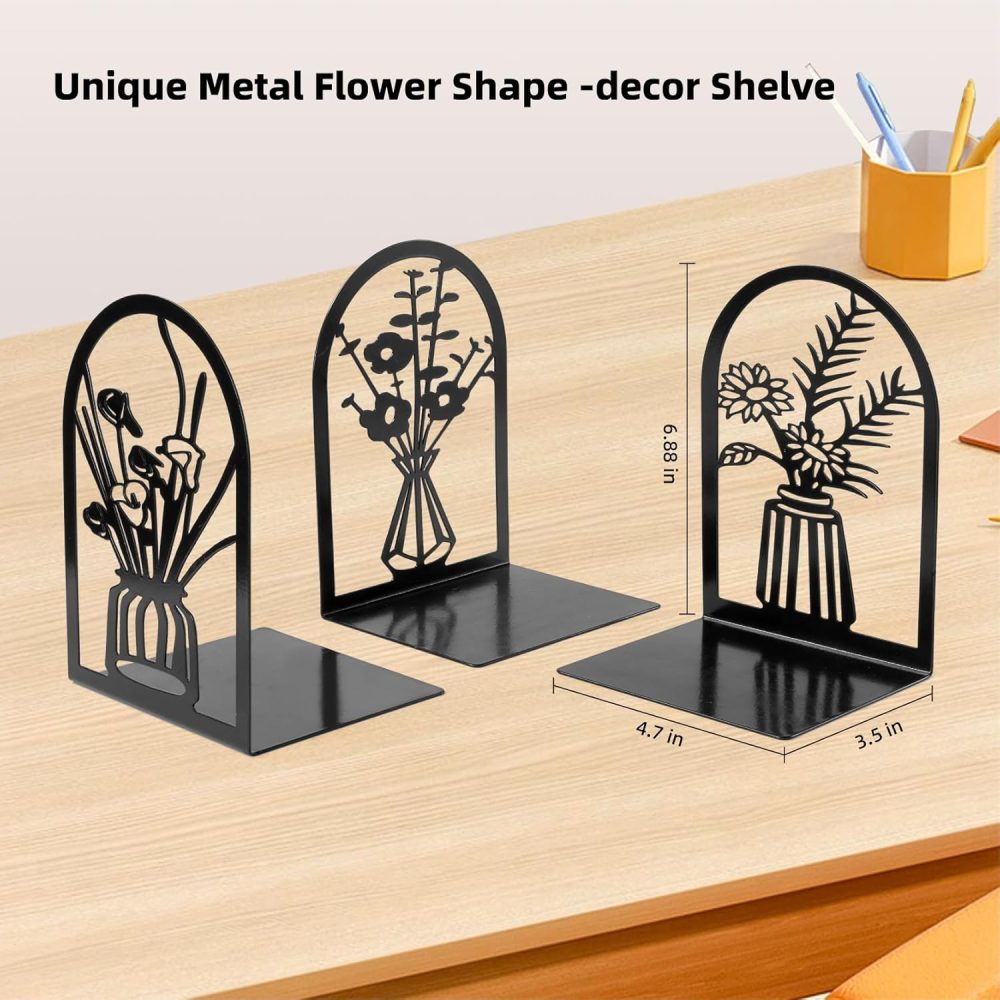 3 Pairs Metal Bookends, Flower Book Ends for Shelves Decorative, Book Stopper for Heavy Books, Ends to Hold Books for Home Office - Image 3