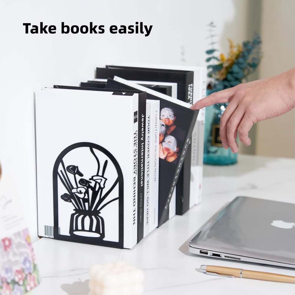 3 Pairs Metal Bookends, Flower Book Ends for Shelves Decorative, Book Stopper for Heavy Books, Ends to Hold Books for Home Office - Image 4