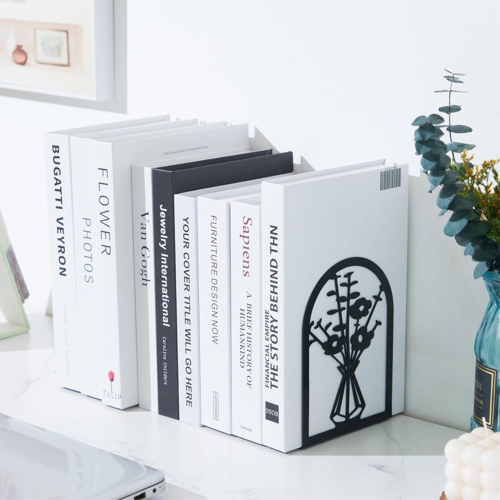 3 Pairs Metal Bookends, Flower Book Ends for Shelves Decorative, Book Stopper for Heavy Books, Ends to Hold Books for Home Office - Image 7