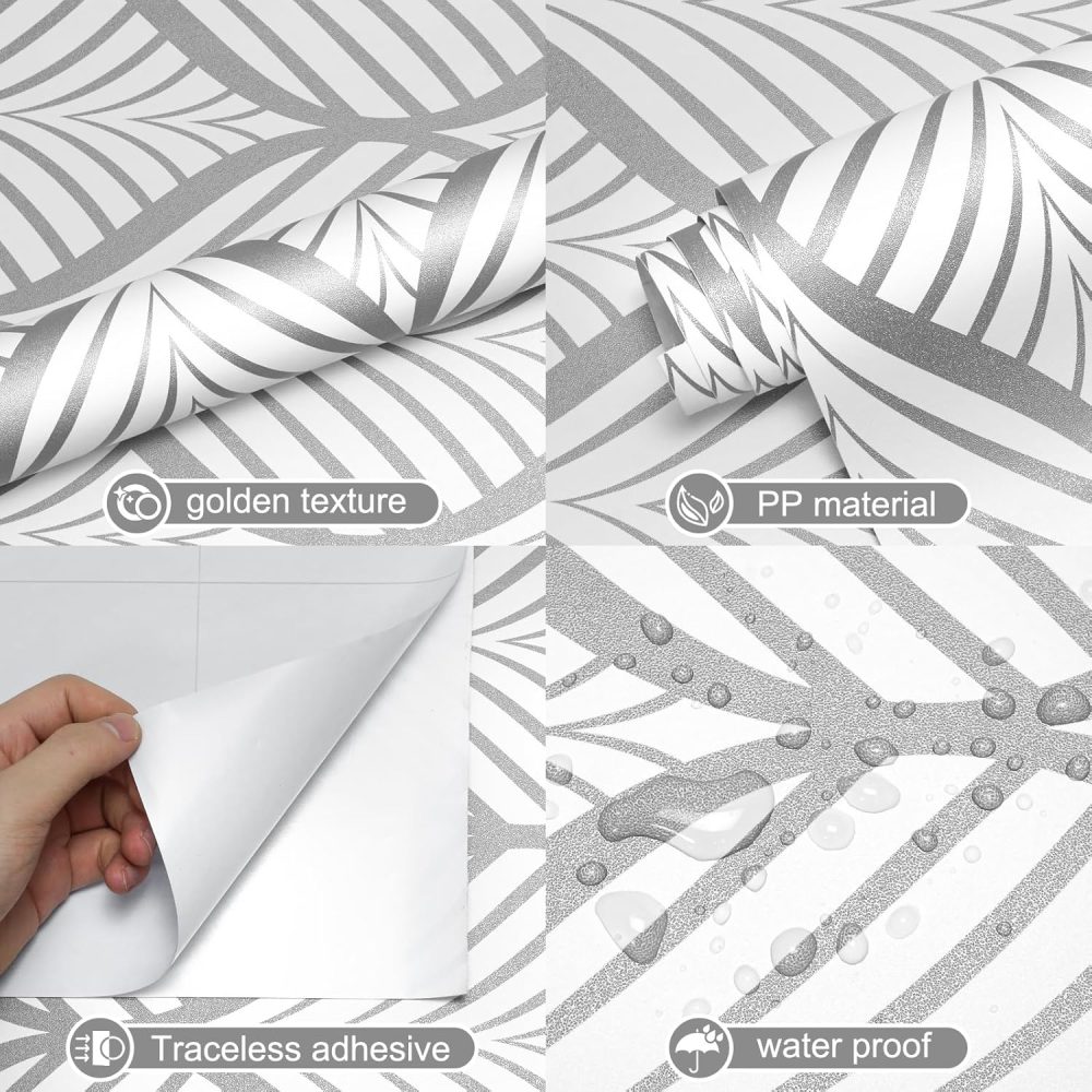 Amiya Silver Gray Peel and Stick Wallpaper Modern Boho Removable Vinyl Contact Paper Leaf Self Adhesive Bathroom Wallpaper for Cabinets 17.5" x 120" Renter Friendly - Image 6
