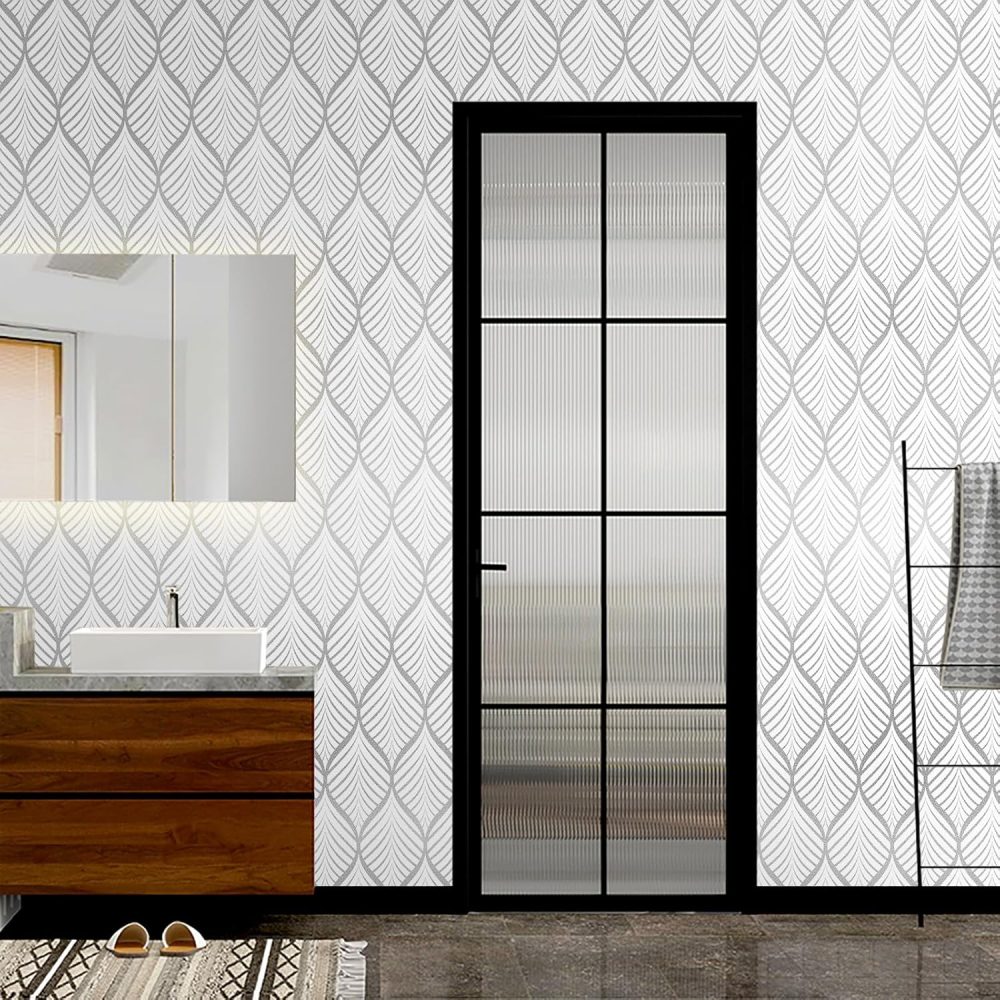 Amiya Silver Gray Peel and Stick Wallpaper Modern Boho Removable Vinyl Contact Paper Leaf Self Adhesive Bathroom Wallpaper for Cabinets 17.5" x 120" Renter Friendly - Image 9