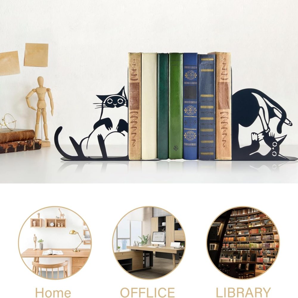 Cute Cat Metal Bookends Cat Book Ends for Shelves Bookshelf Decorative Objects Home Office Desk Bookshelf Decor Cat Lover Gifts for Women - Image 6