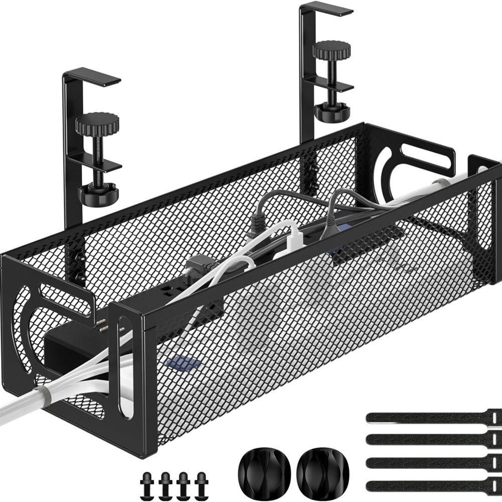 Under Desk Cable Management Tray Black,Metal Mesh Cable Management No Drill,2 Hole with Clamp Mount 25" with Wire Management and Organizer for Home Office Standing Desk