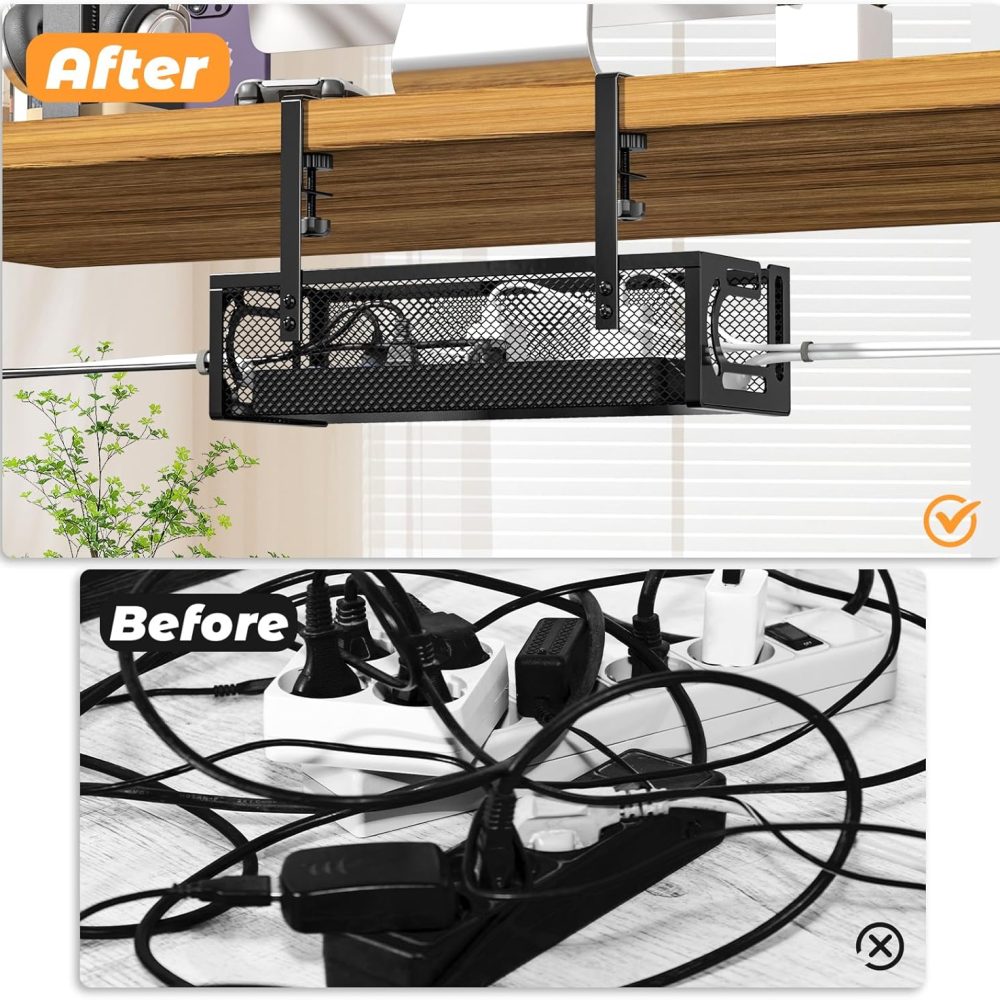 Under Desk Cable Management Tray Black,Metal Mesh Cable Management No Drill,2 Hole with Clamp Mount 25" with Wire Management and Organizer for Home Office Standing Desk - Image 3