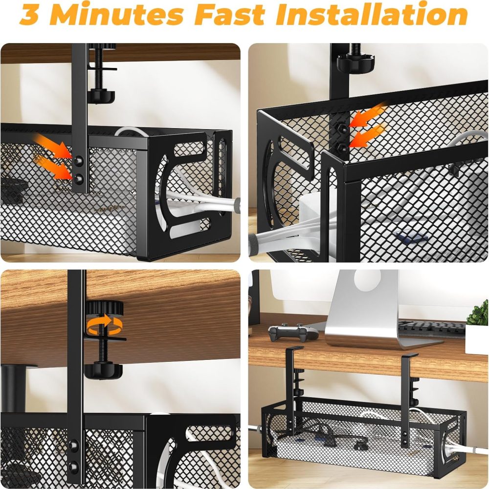 Under Desk Cable Management Tray Black,Metal Mesh Cable Management No Drill,2 Hole with Clamp Mount 25" with Wire Management and Organizer for Home Office Standing Desk - Image 6