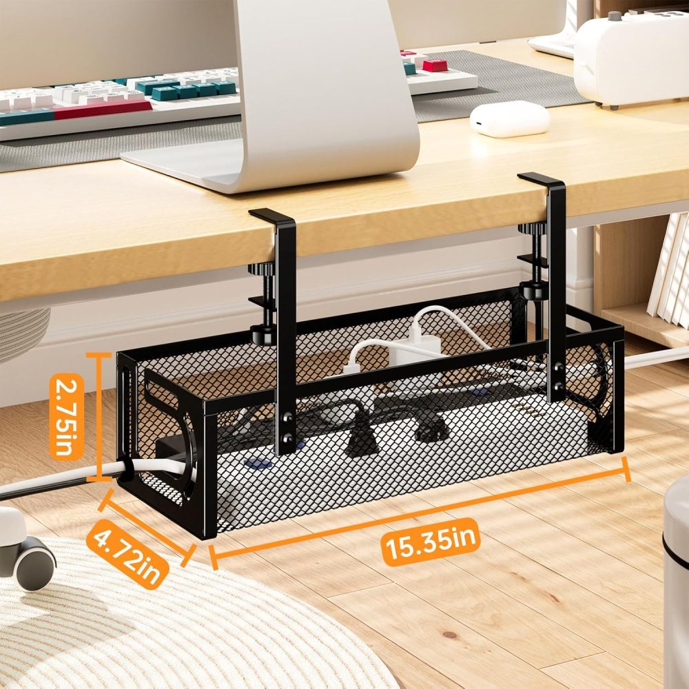 Under Desk Cable Management Tray Black,Metal Mesh Cable Management No Drill,2 Hole with Clamp Mount 25" with Wire Management and Organizer for Home Office Standing Desk - Image 7